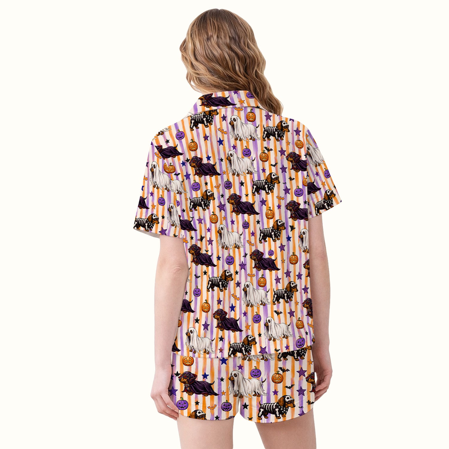 Halloween Dachshund Stripe Pattern Pajama Set, Soft Breathable Fabric Comfortable Sleepwear