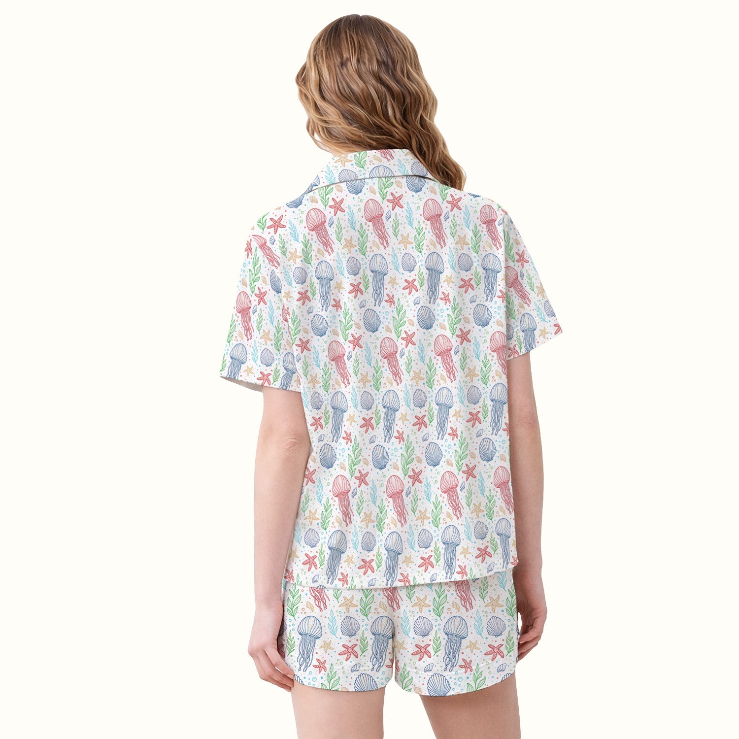 Cute Jellyfish Ocean World Pattern Pajama Set, Soft Breathable Fabric Comfortable Sleepwear