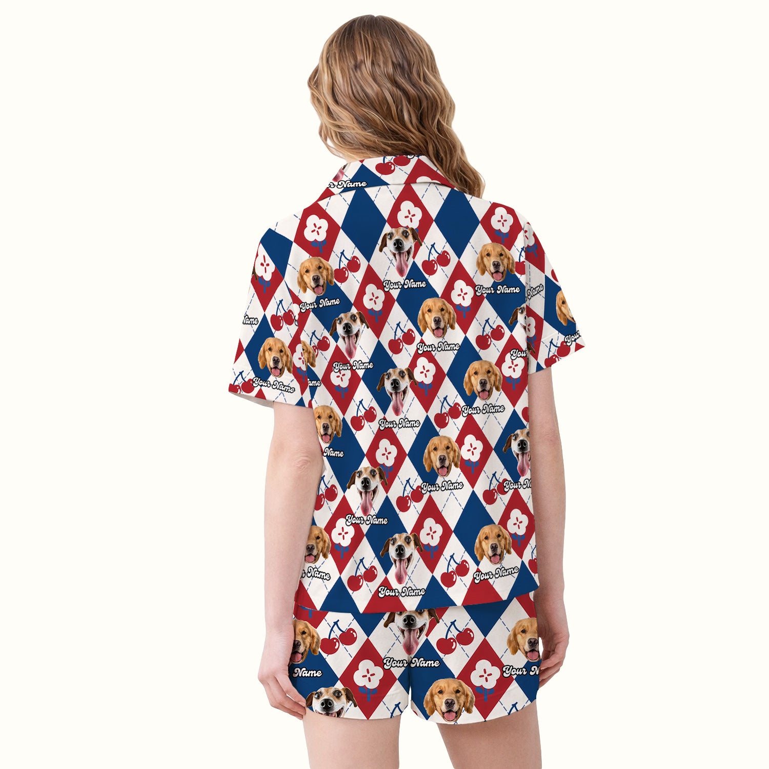 Custom Dog Face Pajama Set, Playful Dog Cherry Argyle Pattern, Soft Breathable Fabric Comfortable Sleepwear