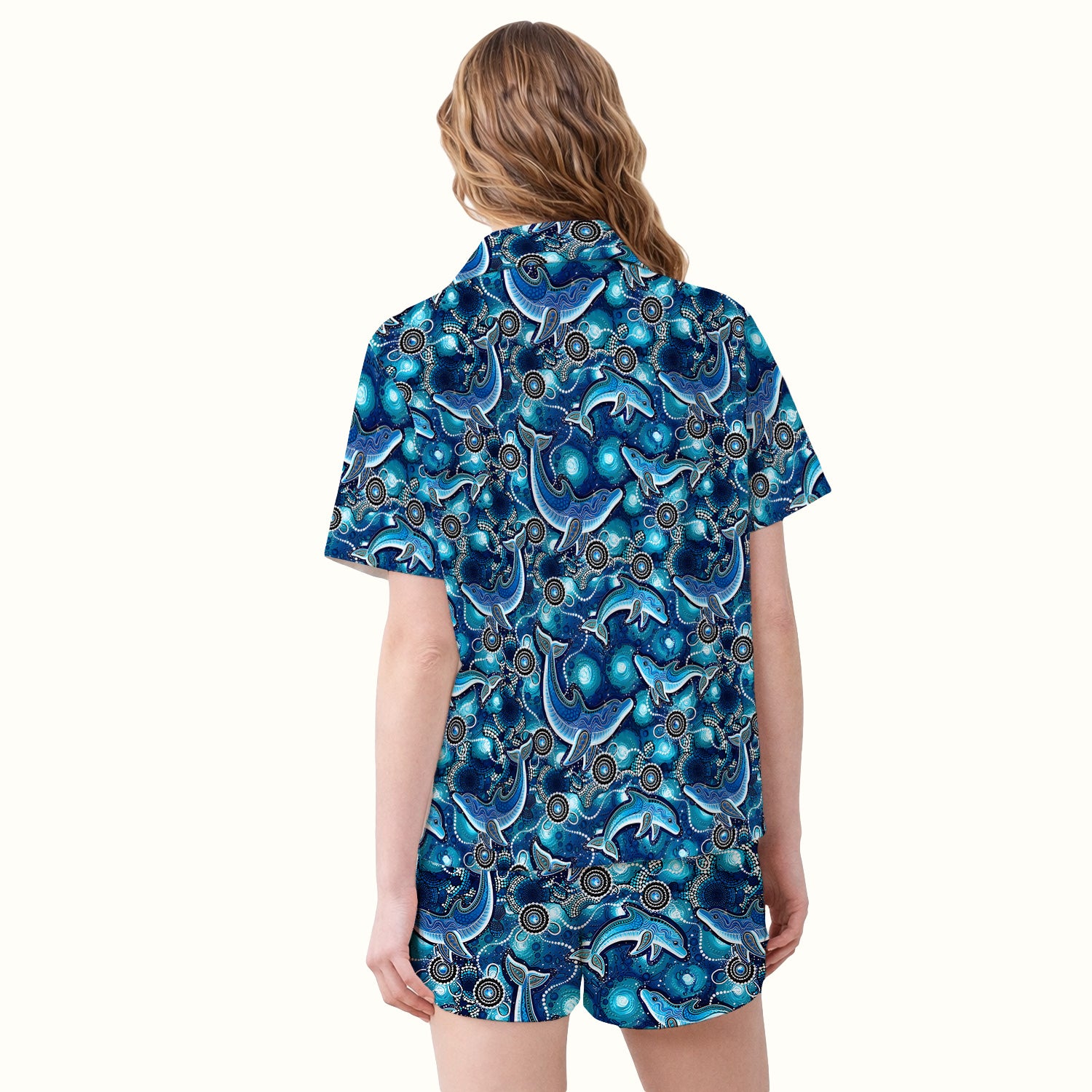 Ocean Dolphin Aboriginal Dot Print Pajama Set, Soft Breathable Fabric Comfortable Sleepwear