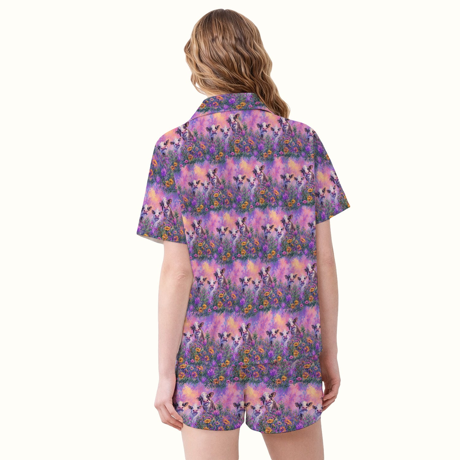 Pastel Cow Meadow Flower Pattern Pajama Set, Soft Breathable Fabric Comfortable Sleepwear