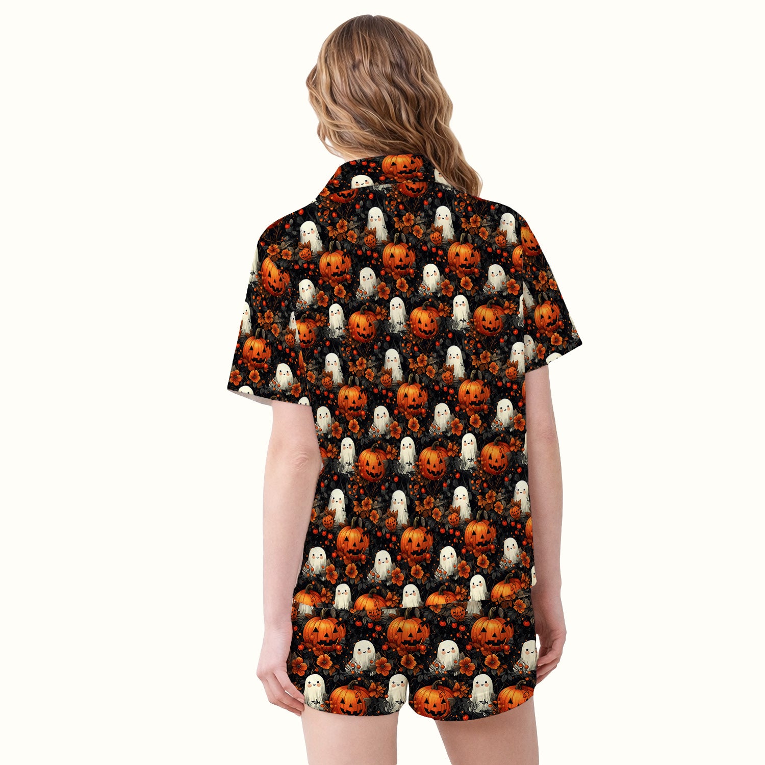 Spooky Halloween Ghost And Pumpkin Pattern Pajama Set, Soft Breathable Fabric Comfortable Sleepwear
