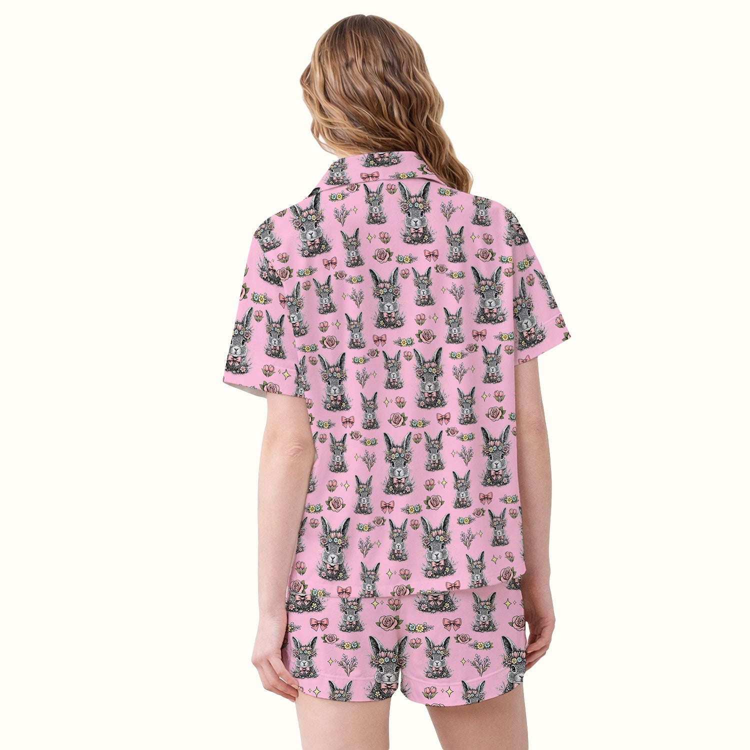 Easter Vintage Floral Bunny Print Pajama Set, Breathable Fabrics Uniform