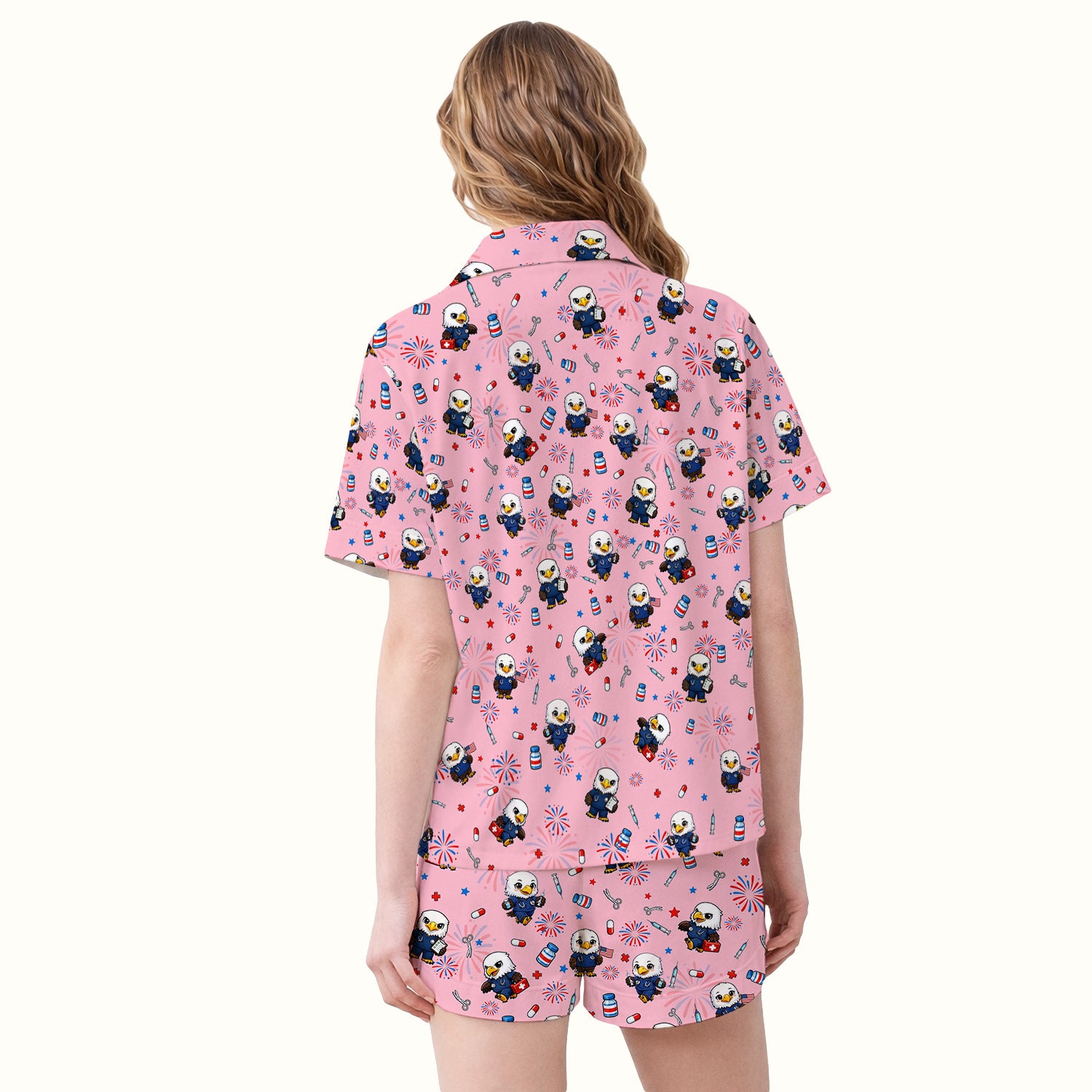 Patriotic Nurse Eagle Fireworks Medical Pattern Pajama Set, Breathable Fabrics Uniform
