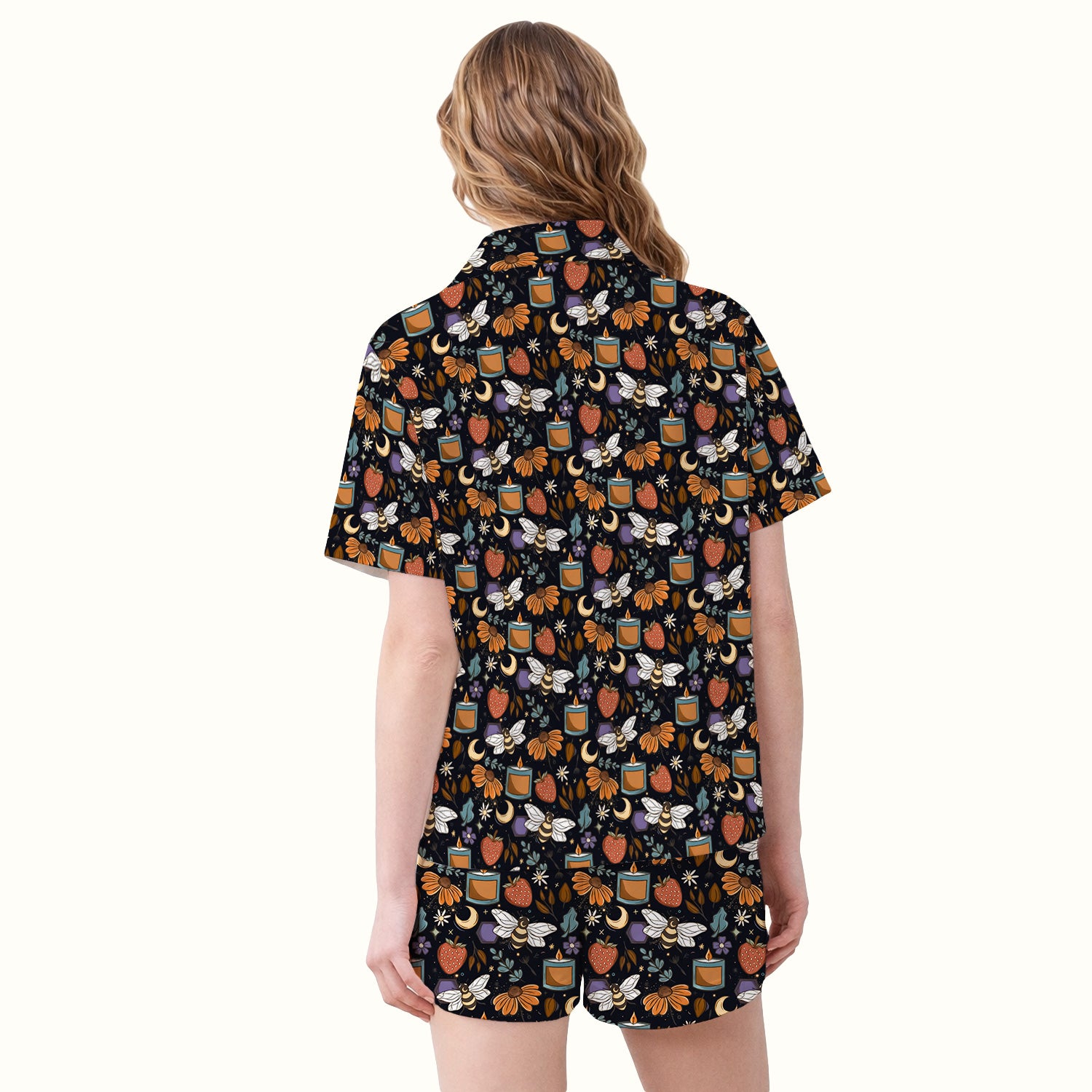 Bee Strawberry Floral Candle Pattern Pajama Set, Breathable Fabrics Uniform