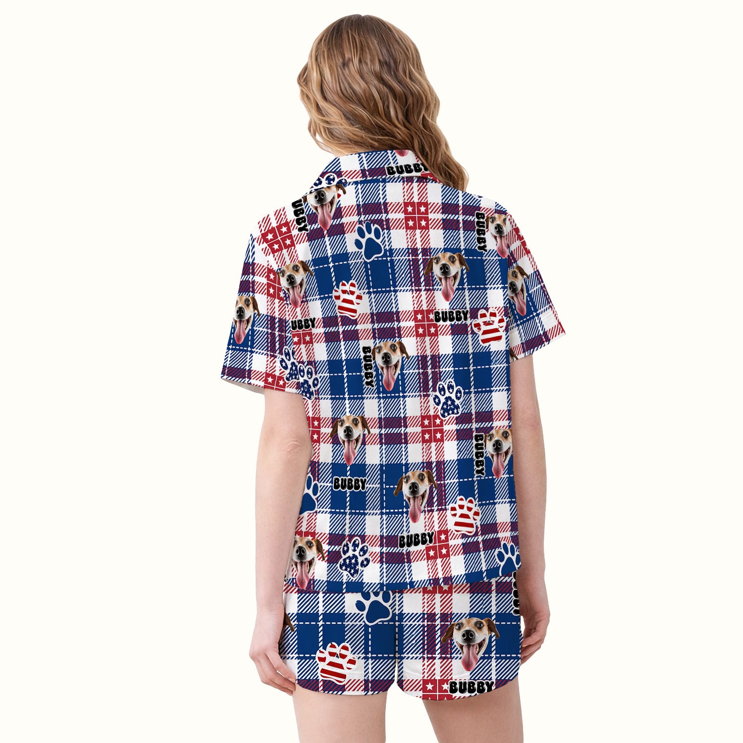 Custom Dog Face Pajama Set, Patriotic Dog Plaid Pattern, Soft Breathable Fabric Comfortable Sleepwear