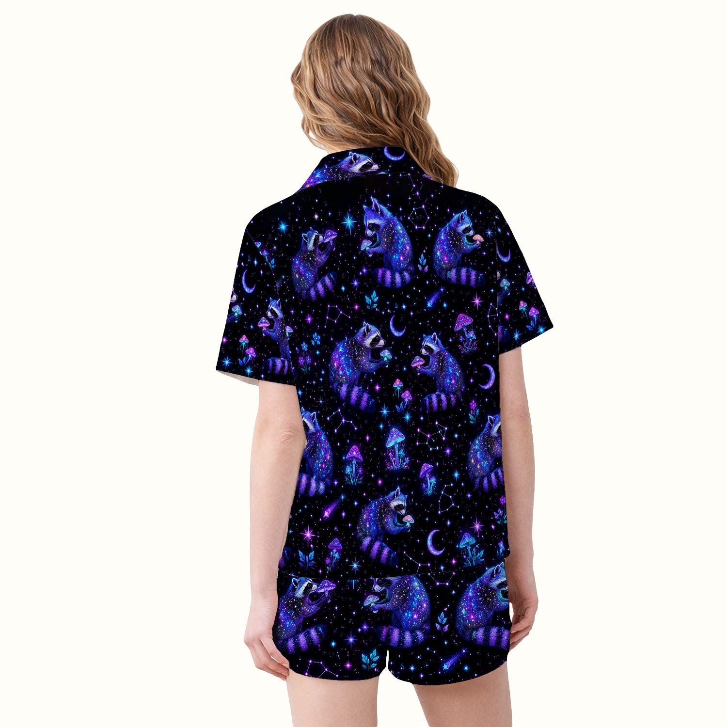 Galaxy Raccoon With Mushroom Night Pajama Set, Soft Breathable Fabric Comfortable Sleepwear