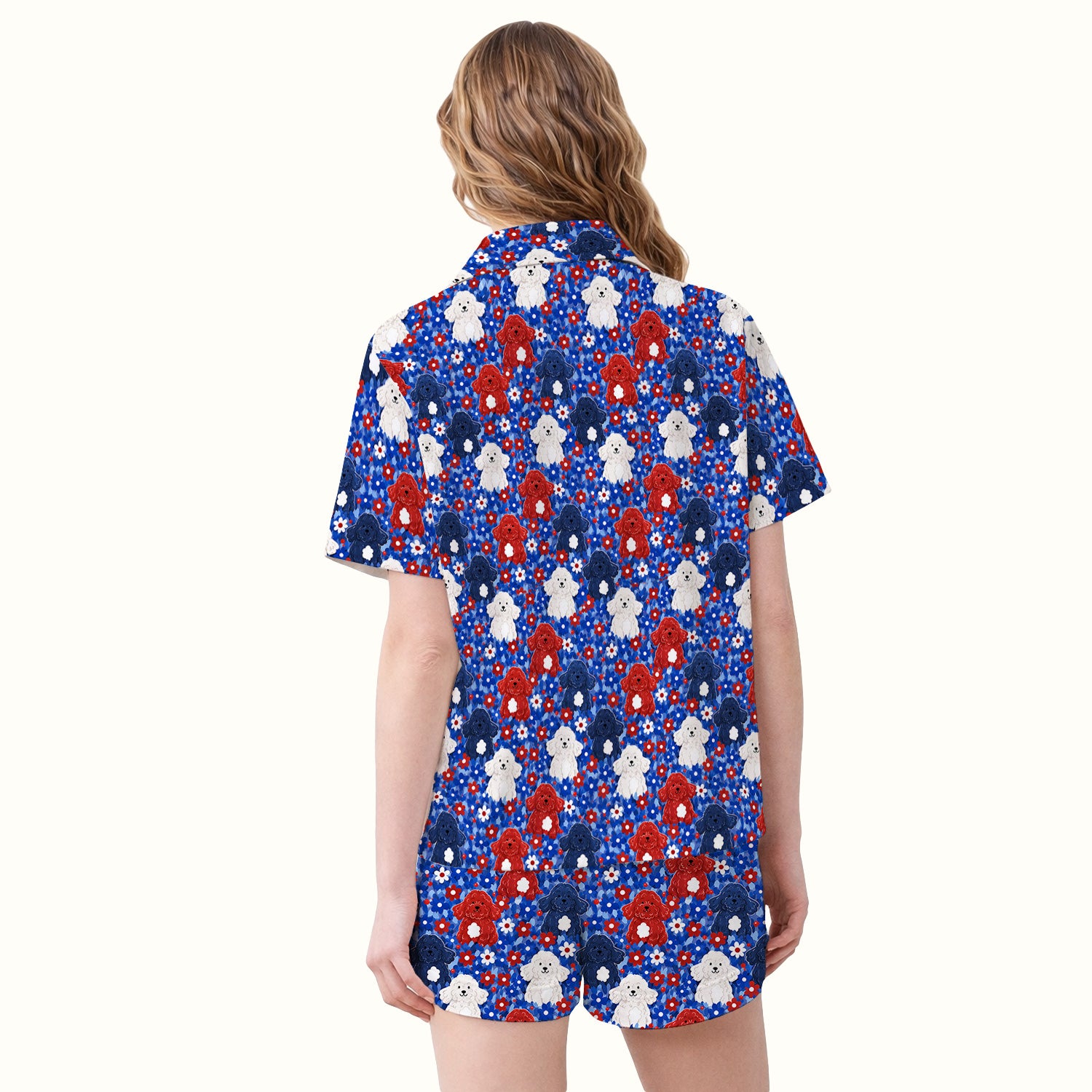 Cute Poodle Floral Garden Print Pajama Set, Soft Breathable Fabric Comfortable Sleepwear