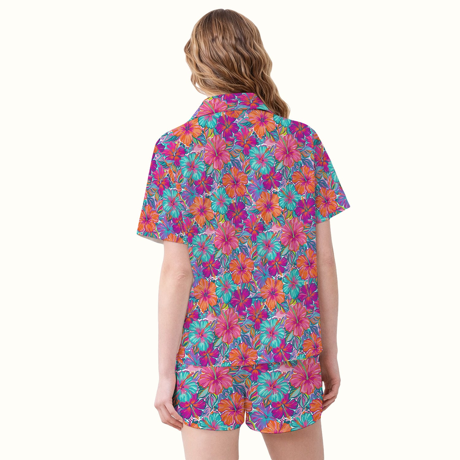 Vibrant Hibiscus Tropical Floral Pattern Pajama Set, Soft Breathable Fabric Comfortable Sleepwear