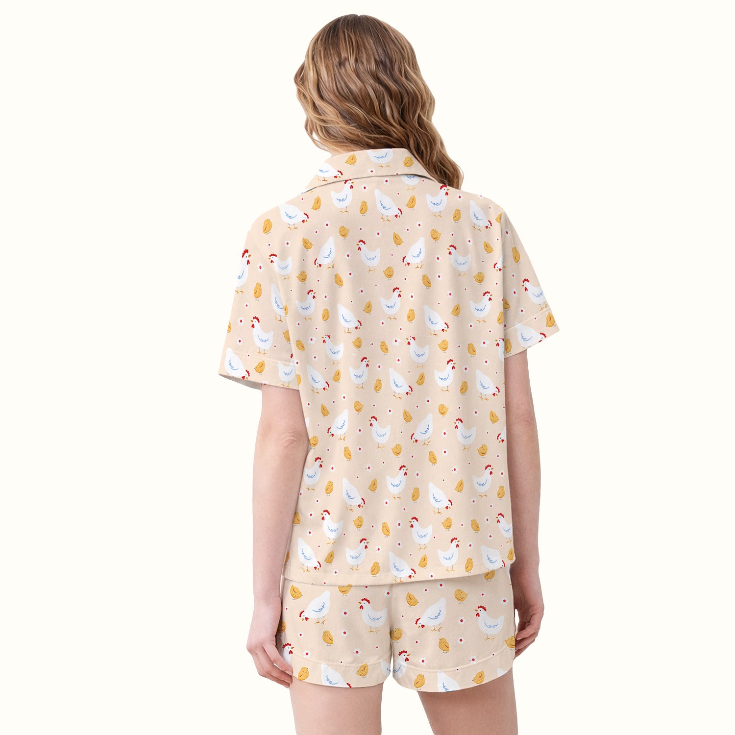 Chicken And Cute Chicks Pattern Pajama Set, Breathable Fabrics Uniform
