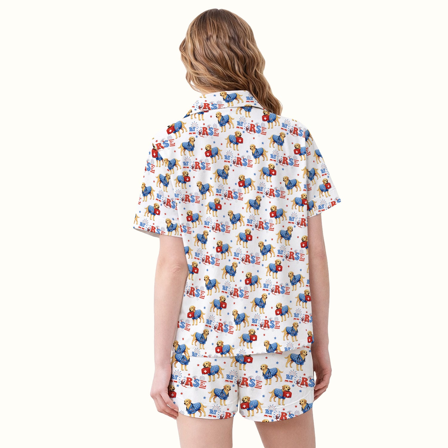 Patriotic Nurse Dog Medical Pattern Pajama Set, Breathable Fabrics Uniform