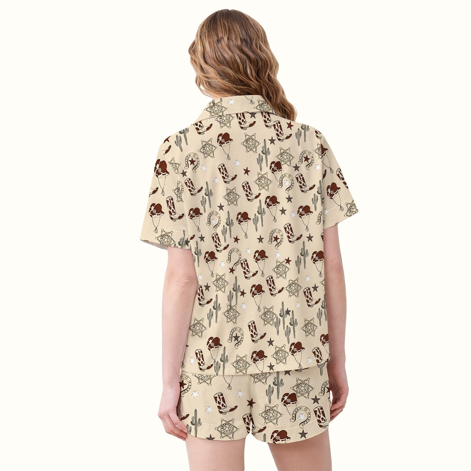 Funny Cowboy Hats & Boots Pattern Pajama Set, Soft Breathable Fabric Comfortable Sleepwear