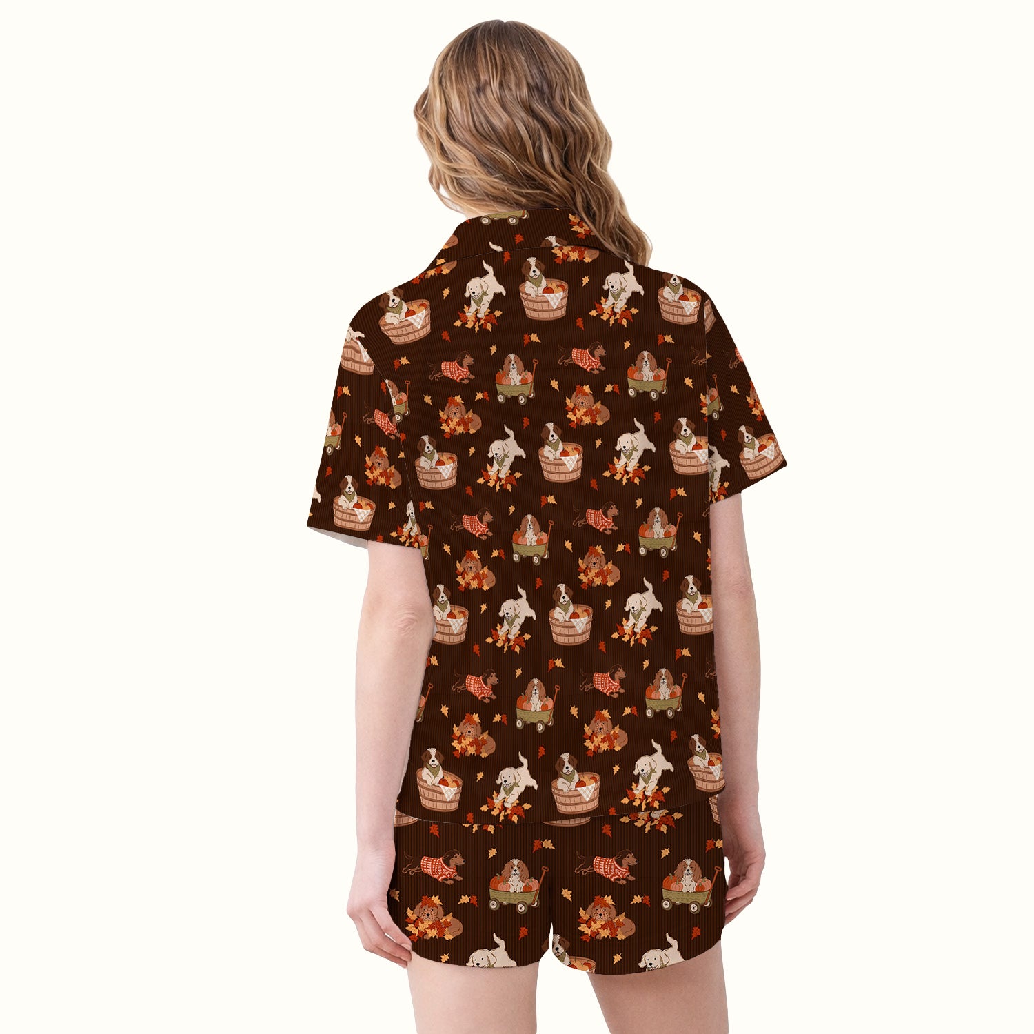 Cute Autumn Dogs And Falling Leaves Pajama Set, Soft Breathable Fabric Comfortable Sleepwear