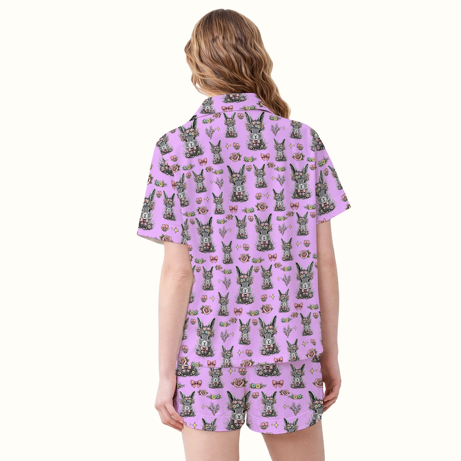 Easter Vintage Floral Bunny Print Pajama Set, Breathable Fabrics Uniform