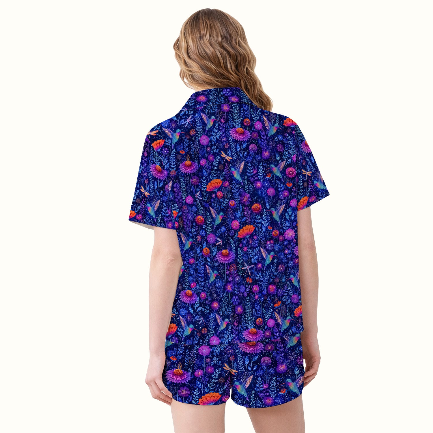 Enchanted Hummingbird Wildflower Garden Pattern Pajama Set, Soft Breathable Fabric Comfortable Sleepwear