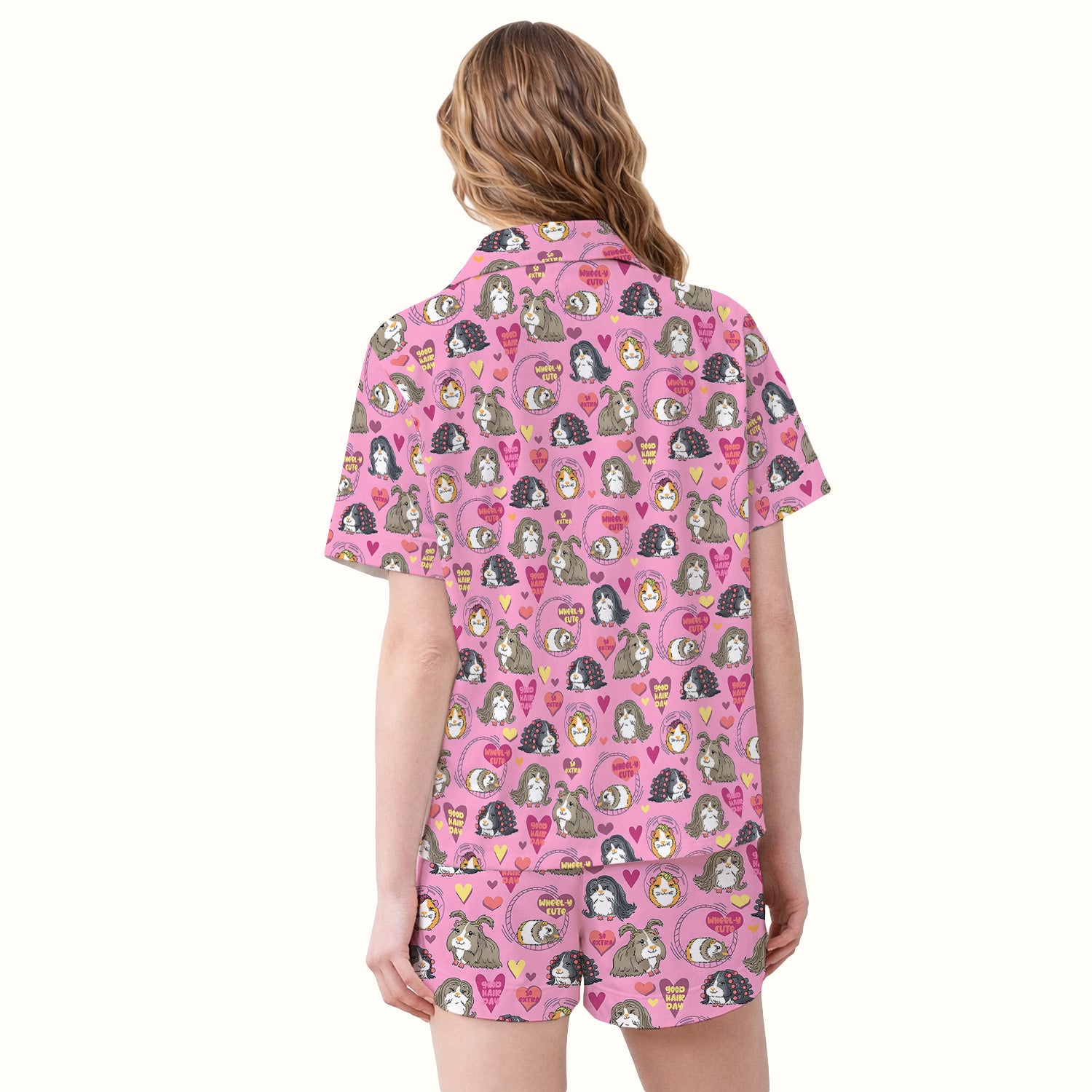 Cute Guinea Pig Heart Pattern Pajama Set, Soft Breathable Fabric Comfortable Sleepwear