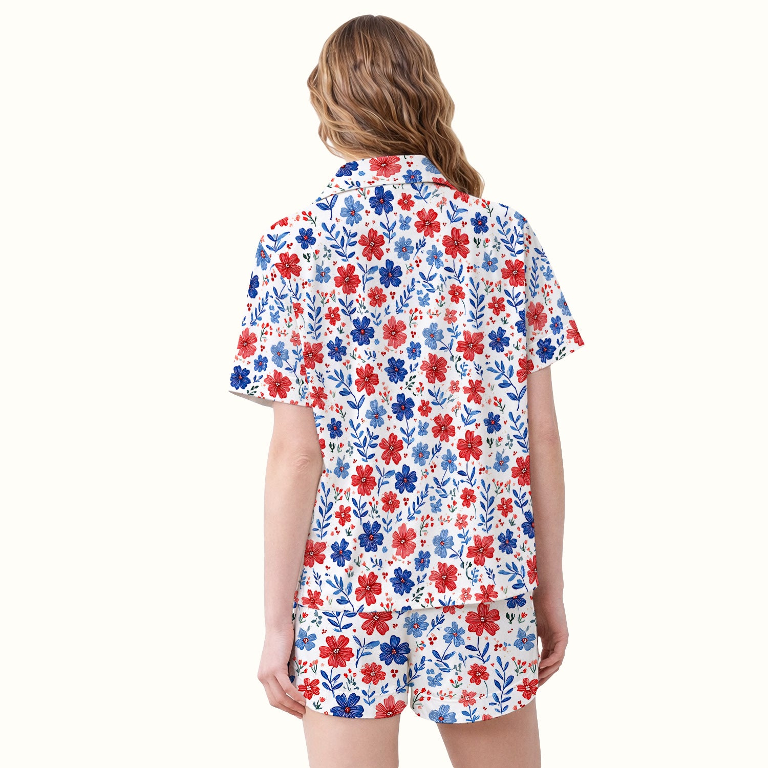 Patriotic Red White Blue Floral Print Pajama Set, Soft Breathable Fabric Comfortable Sleepwear