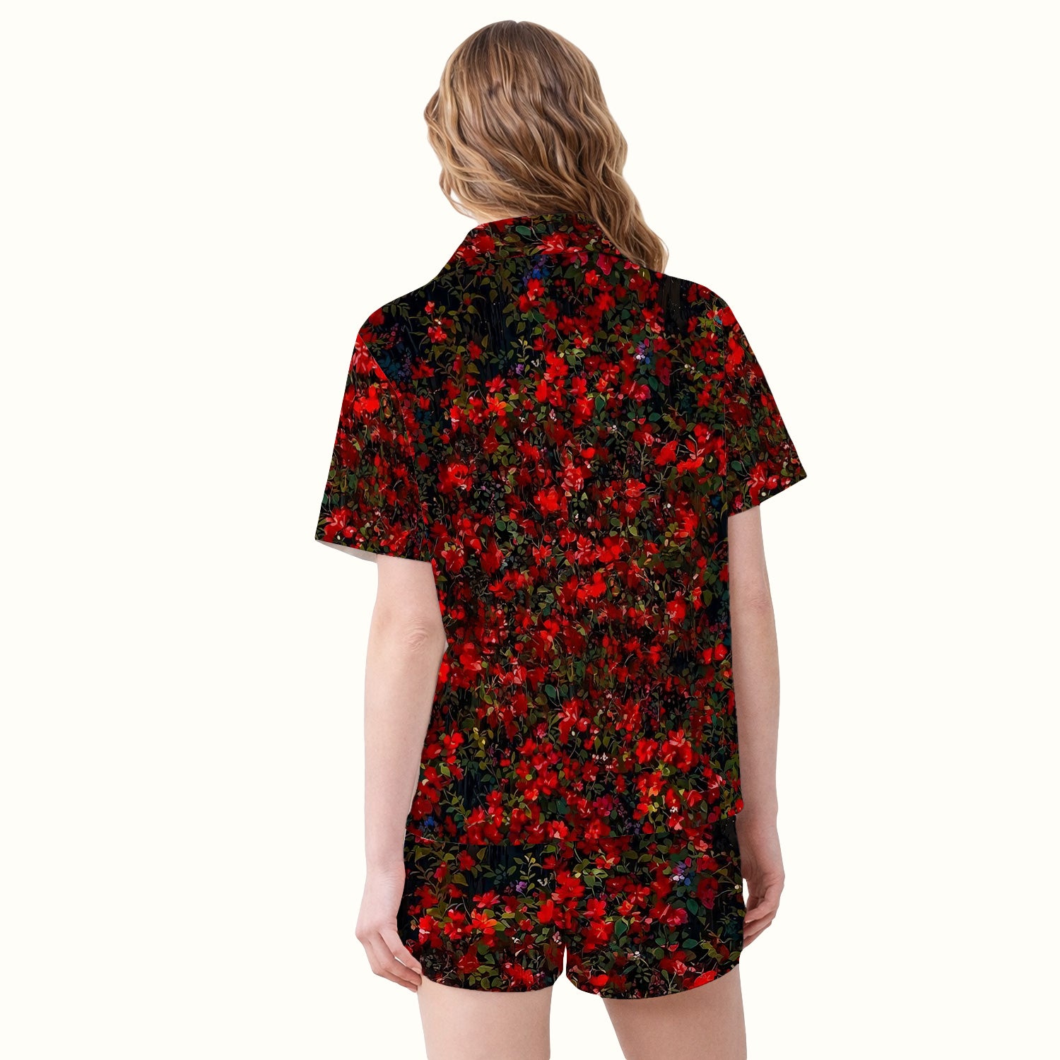 Black Cat Sitting By Red Floral Garden Window Pajama Set, Breathable Fabrics Uniform