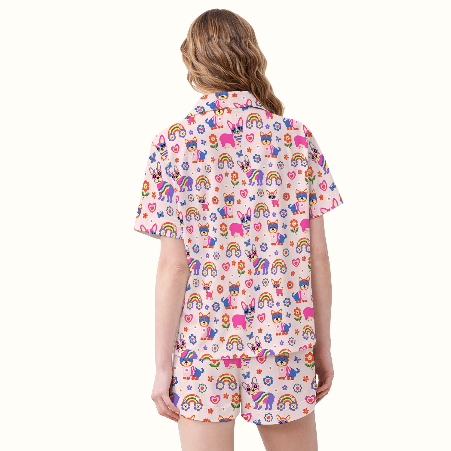 Colorful Cartoon Dogs With Rainbow Flowers Pattern Pajama Set, Soft Breathable Fabric Comfortable Sleepwear