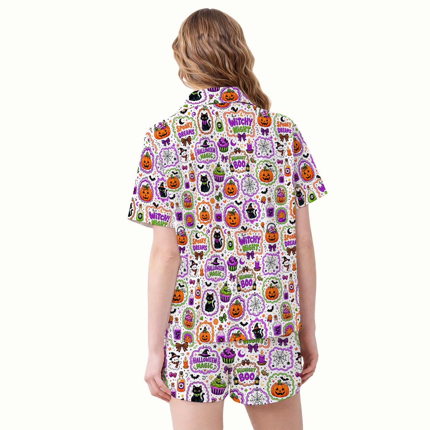 Witchy Halloween Magic And Pumpkins Pajama Set, Soft Breathable Fabric Comfortable Sleepwear