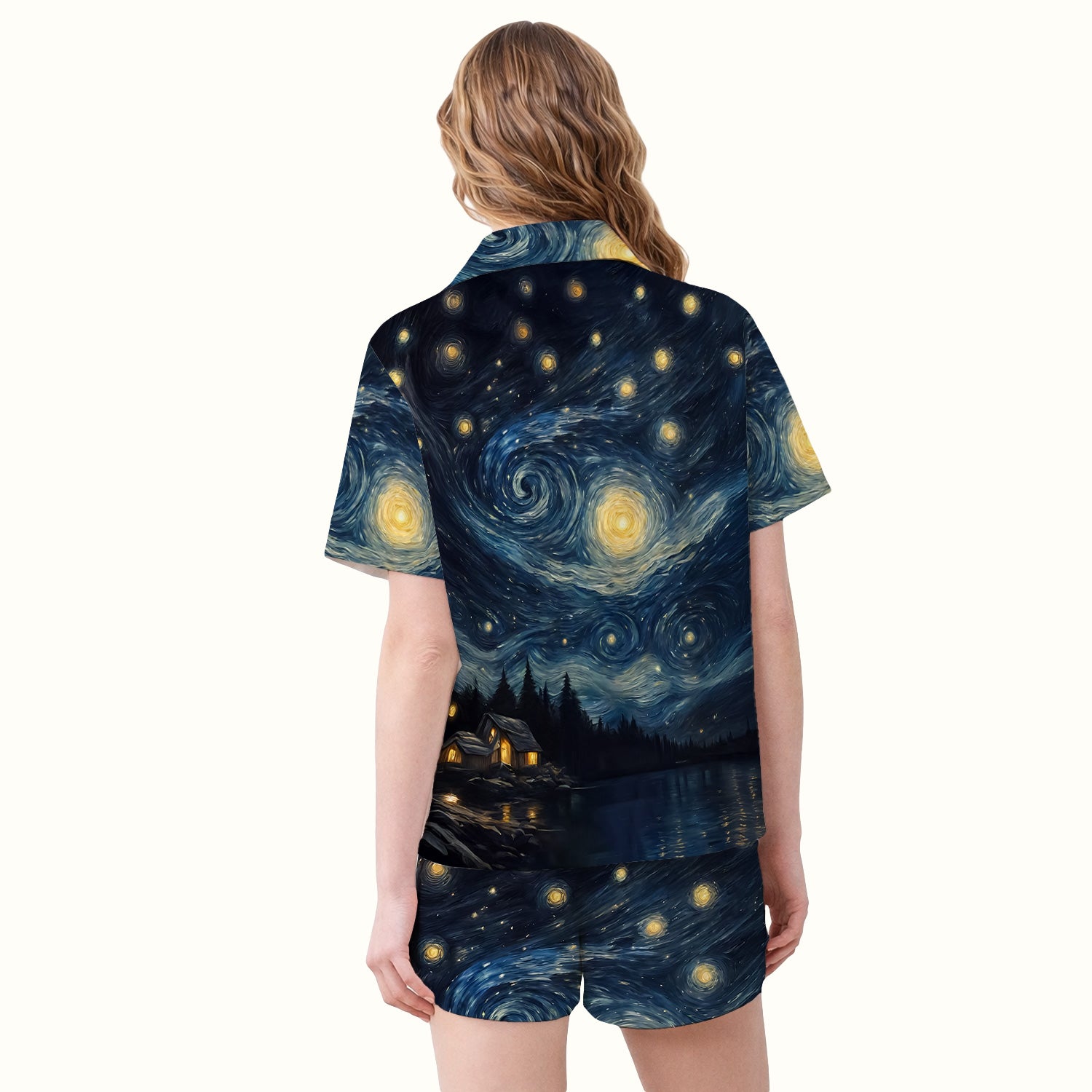 Cat Under Starry Night Sky Art Print Pajama Set,  Breathable Fabrics Uniform