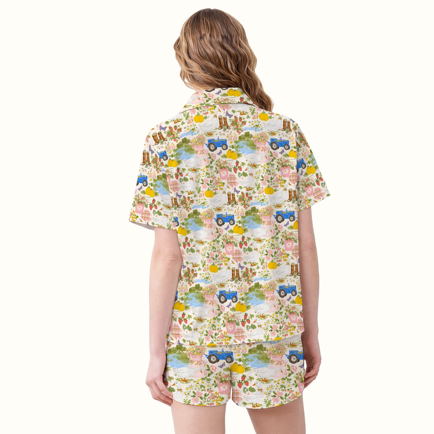 Floral and Duck Pattern Pajama Set, Breathable Fabrics Uniform