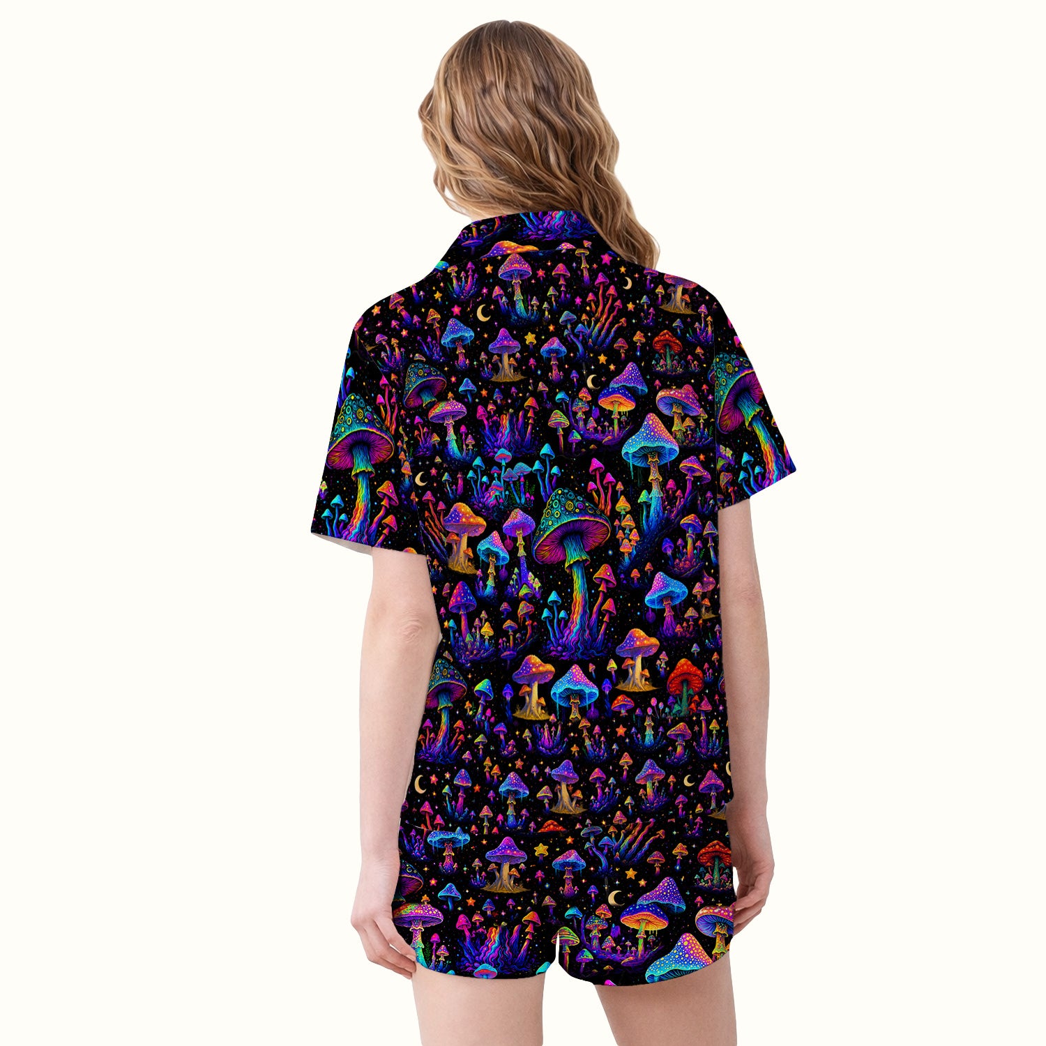 Neon Fantasy Mushroom Print Pajama Set, Soft Breathable Fabric Comfortable Sleepwear