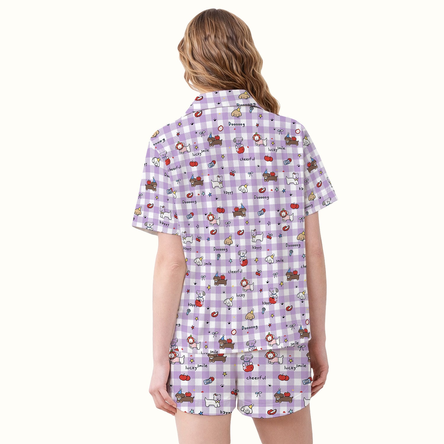 Cute Nurse Cartoon Puppy Apple Gingham Pajama Set, Breathable Fabrics Uniform