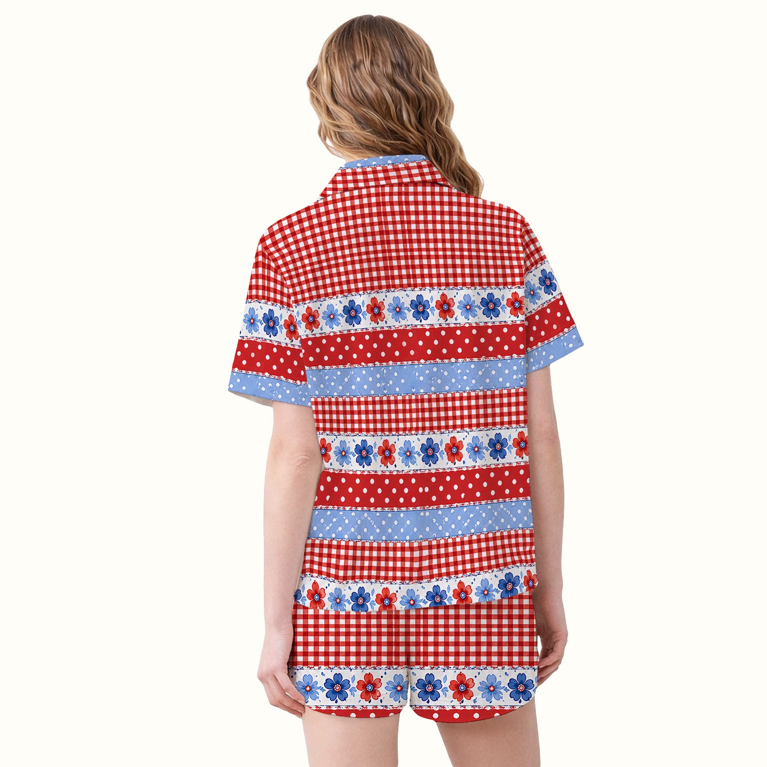 Patriotic Gingham Bow Floral Pattern Pajama Set, Soft Breathable Fabric Comfortable Sleepwear