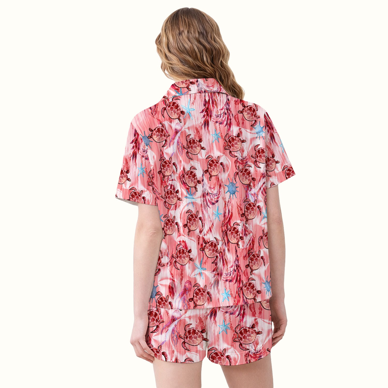 Pink Sea Turtle Ocean Pattern Pajama Set, Soft Breathable Fabric Comfortable Sleepwear