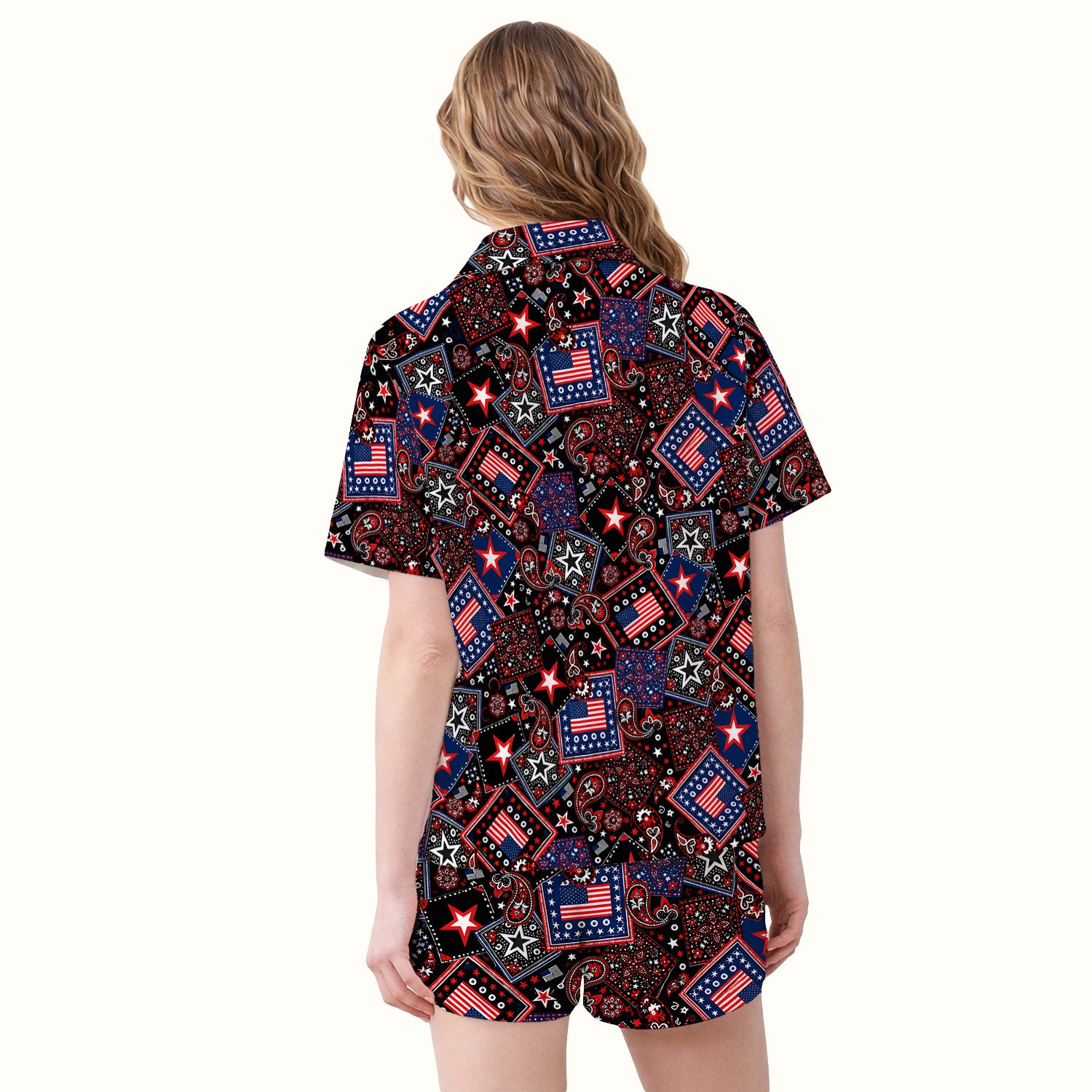 Patriotic Bandana With USA Flag Pattern Pajama Set, Soft Breathable Fabric Comfortable Sleepwear