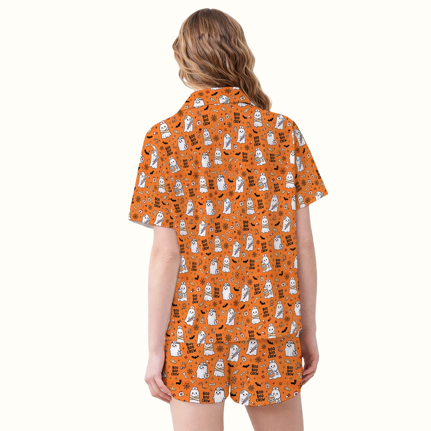 Cute Halloween Boo Boo Crew Ghost Pajama Set, Soft Breathable Fabric Comfortable Sleepwear