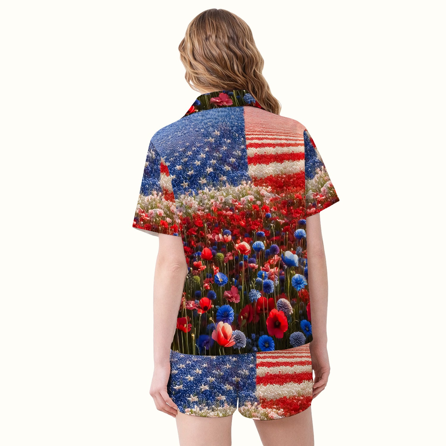 Festive Nurse American Flag Wildflower Field Pajama Set, Breathable Fabrics Uniform