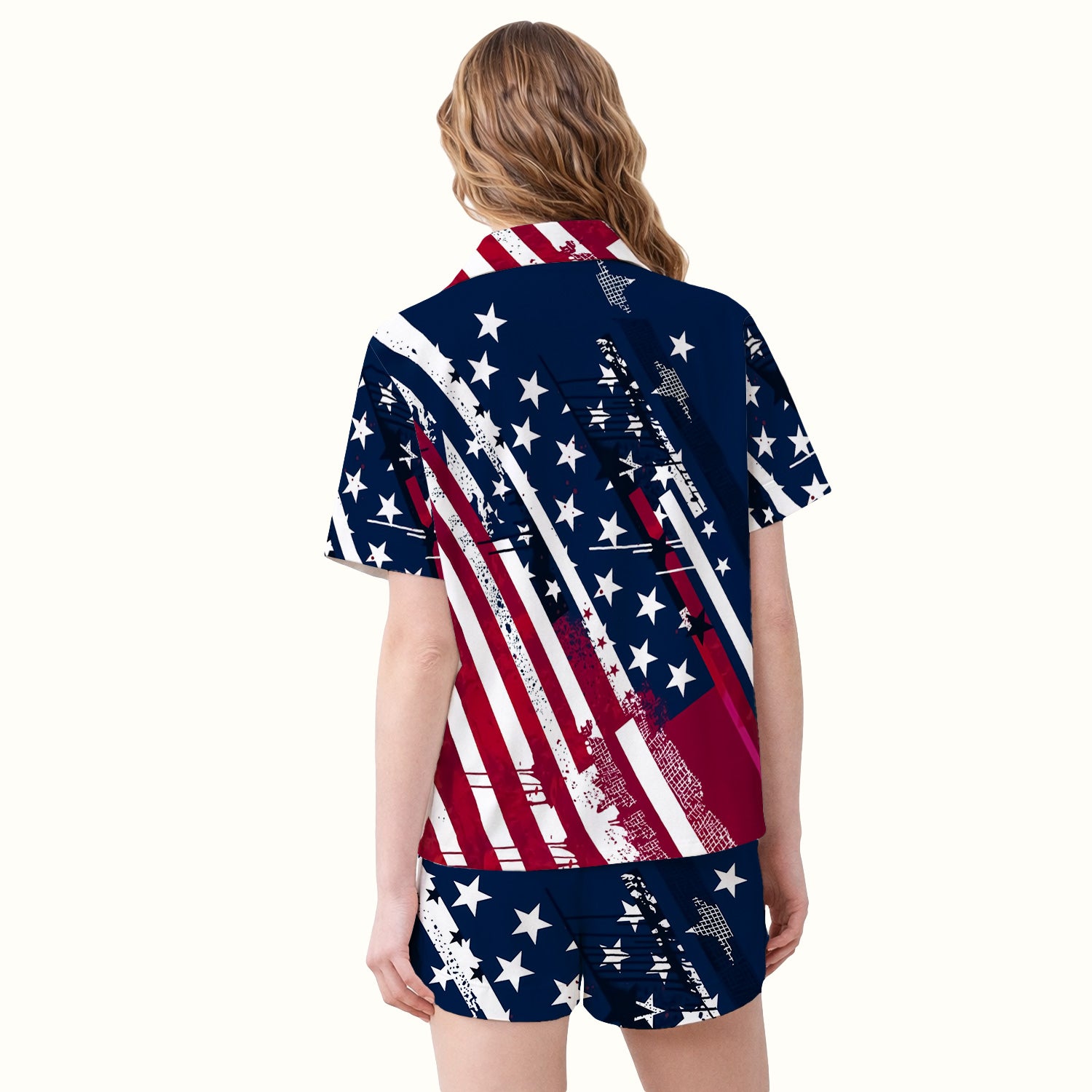 Patriotic USA Flag Stars And Stripes Grunge Pattern Pajama Set, Soft Breathable Fabric Comfortable Sleepwear