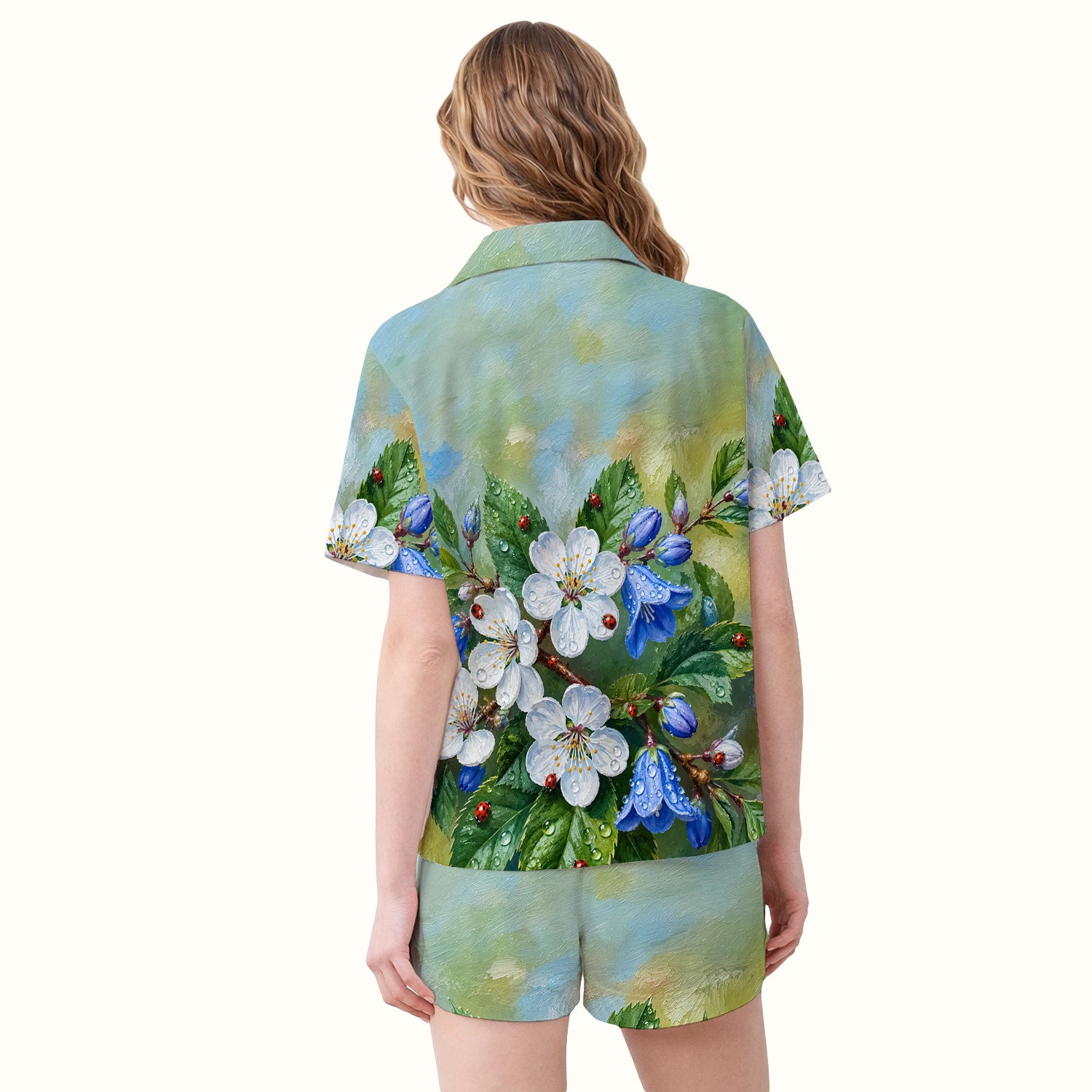 Cute Ladybug Blossom Garden Pattern Pajama Set, Soft Breathable Fabric Comfortable Sleepwear