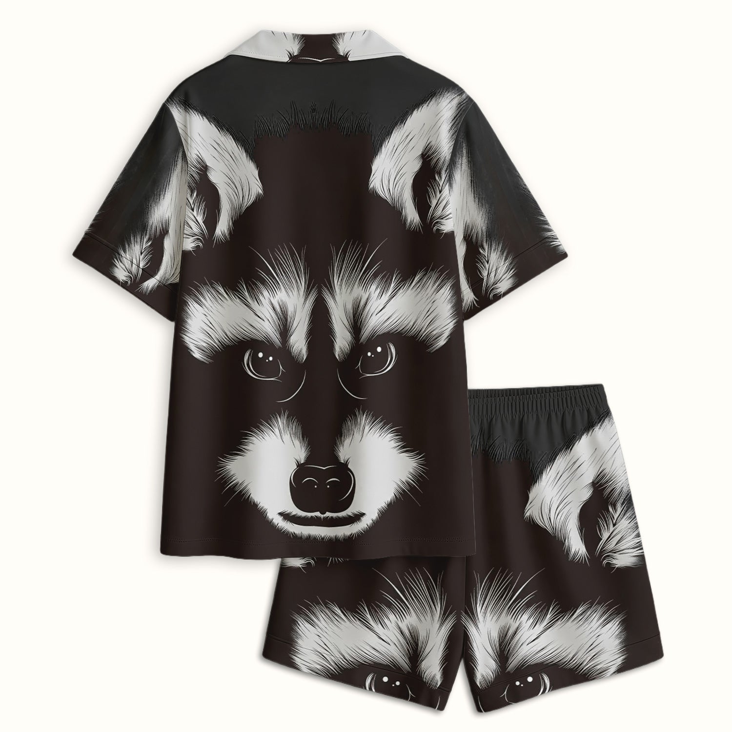 Black White Raccoon Face Pattern Pajama Set, Soft Breathable Fabric Comfortable Sleepwear