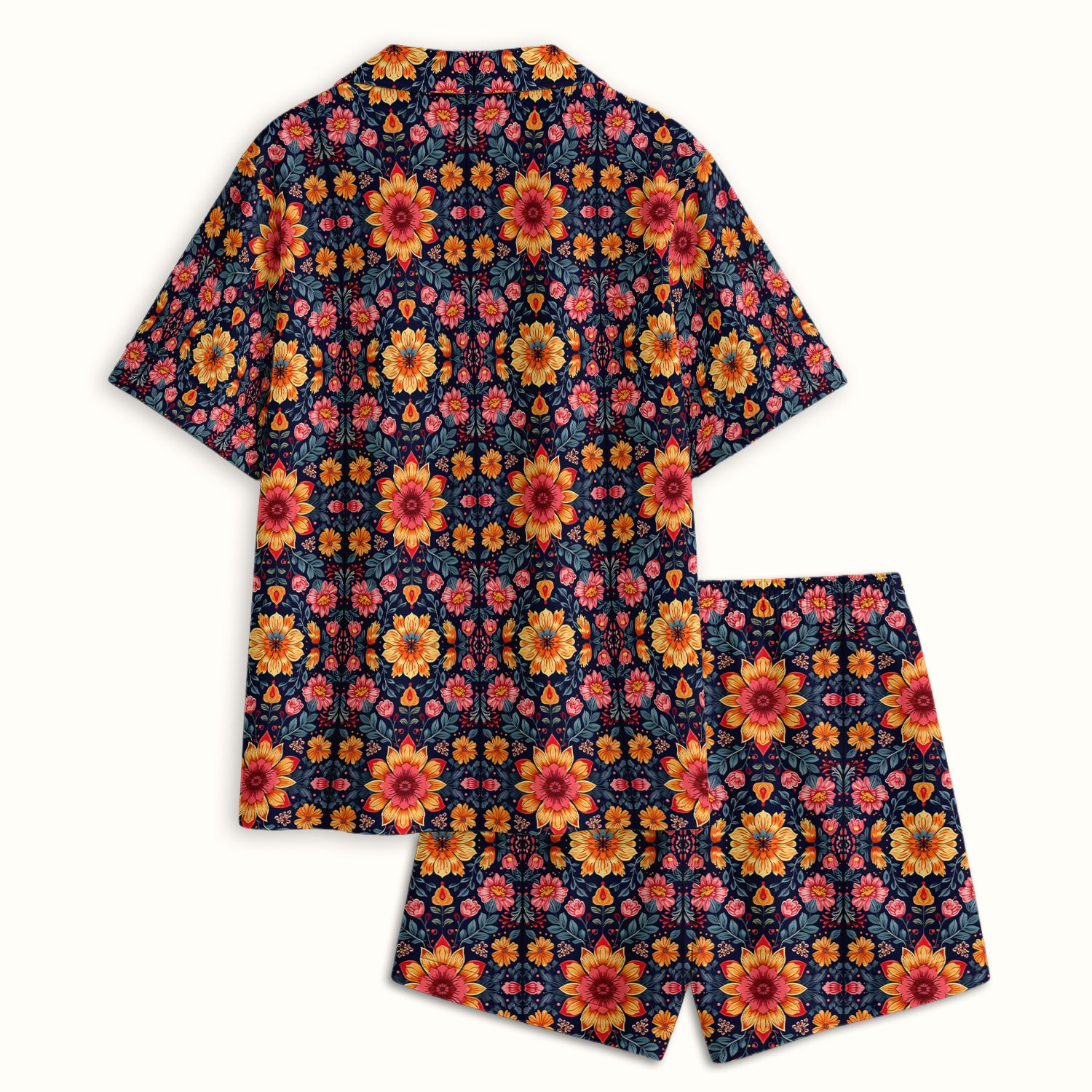 Elegant Dark Floral Pattern Pajama Set, Soft Breathable Fabric Comfortable Sleepwear
