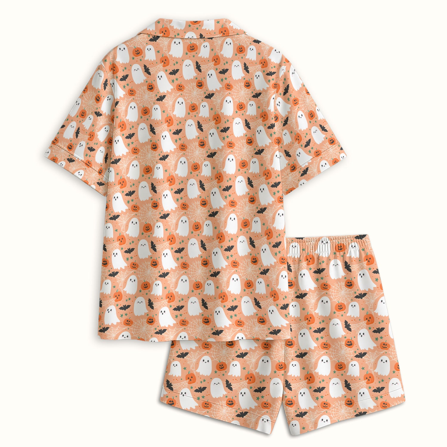 Cute Halloween Ghost And Pumpkin Pajama Set, Soft Breathable Fabric Comfortable Sleepwear