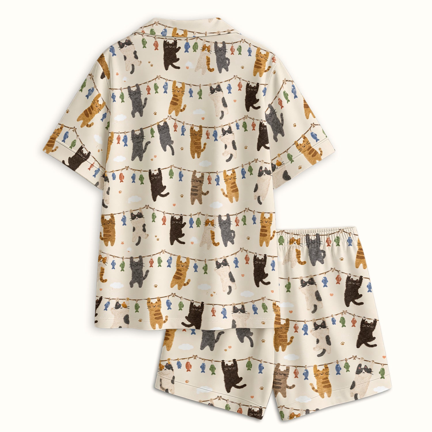 Cute Hanging Cat Fishline Pattern Pajama Set, Soft Breathable Fabric Comfortable Sleepwear