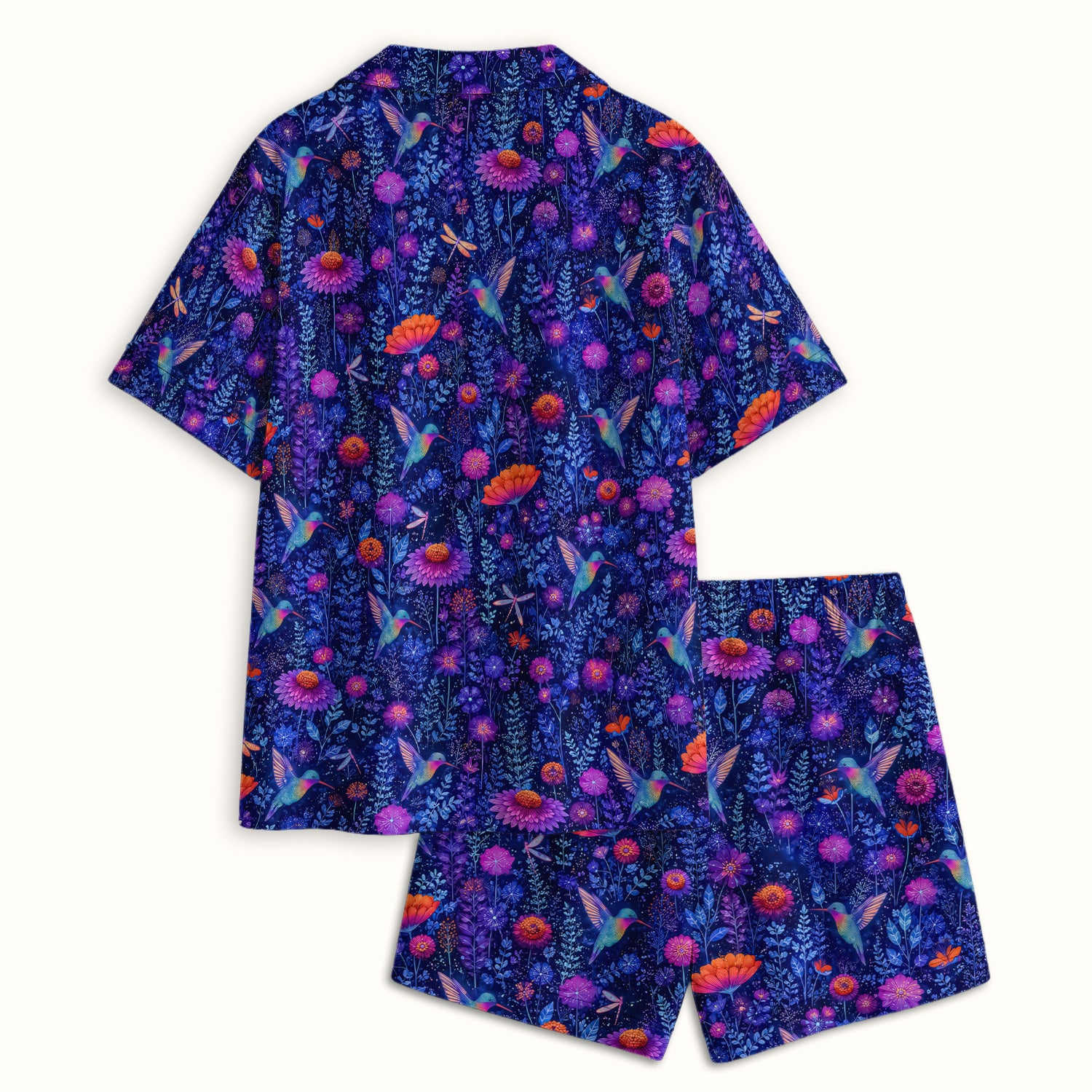 Enchanted Hummingbird Wildflower Garden Pattern Pajama Set, Soft Breathable Fabric Comfortable Sleepwear