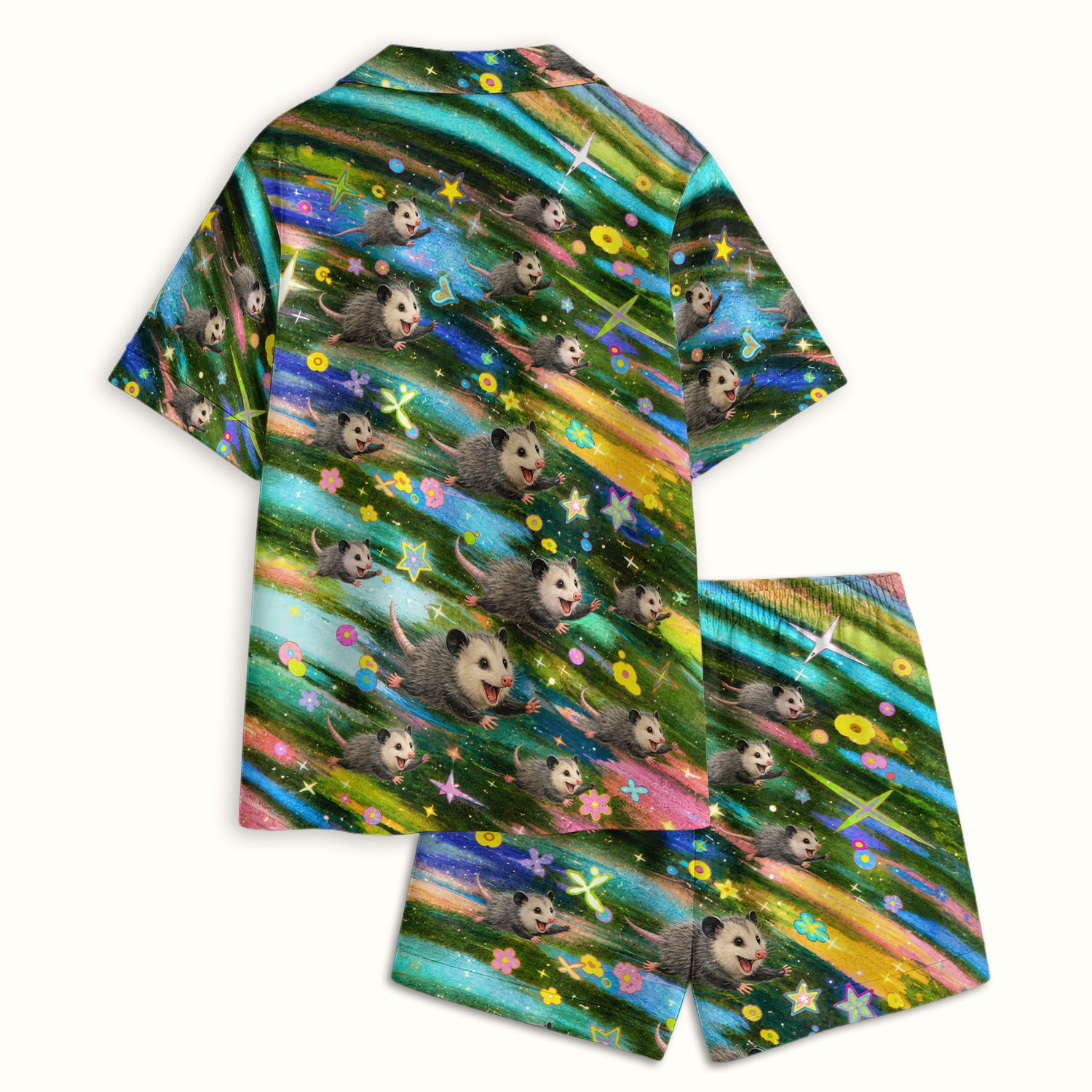 Colorful Opossum Rainbow Stars Print Pajama Set, Soft Breathable Fabric Comfortable Sleepwear