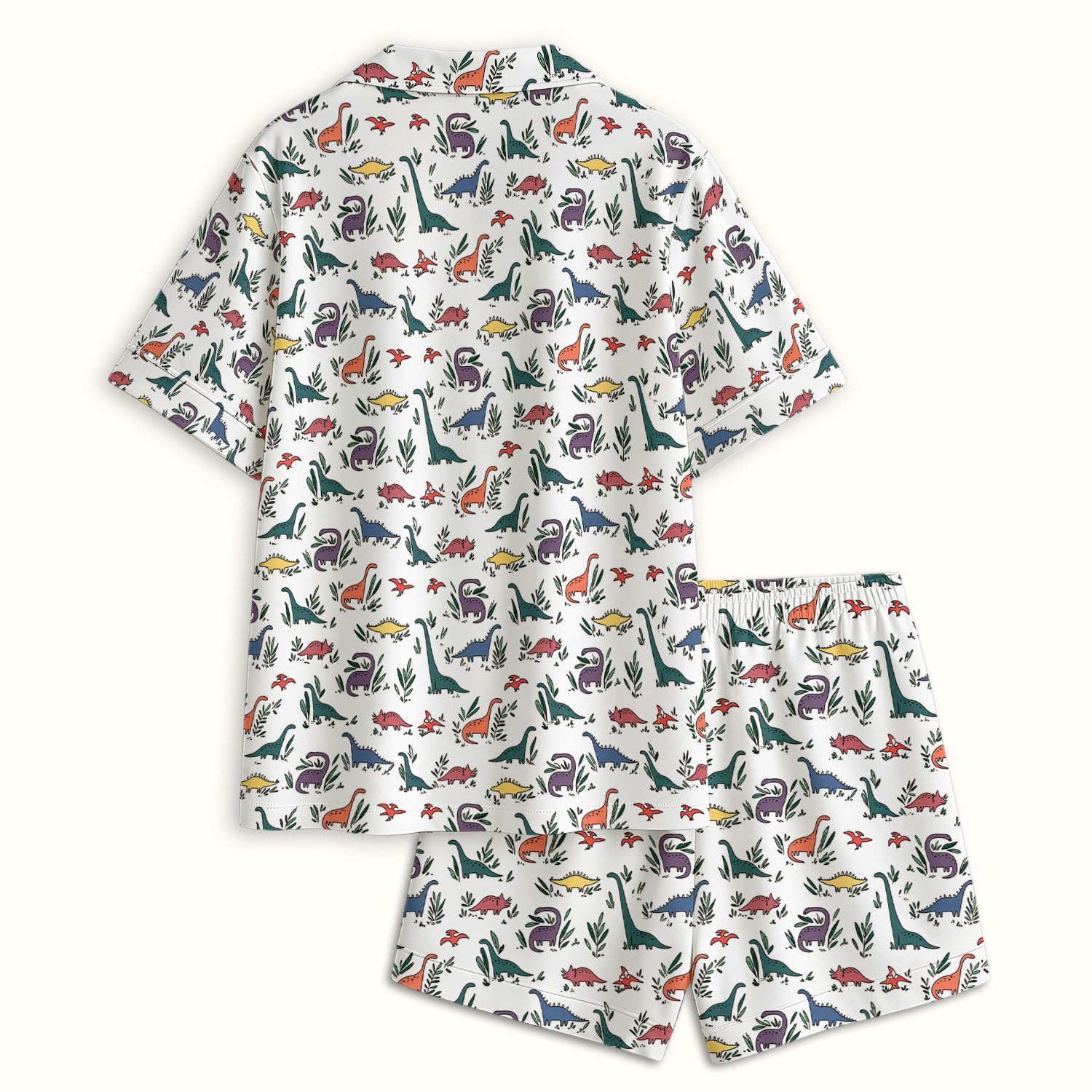 Cute Dinosaur Leafy Garden Pattern Pajama Set, Soft Breathable Fabric Comfortable Sleepwear