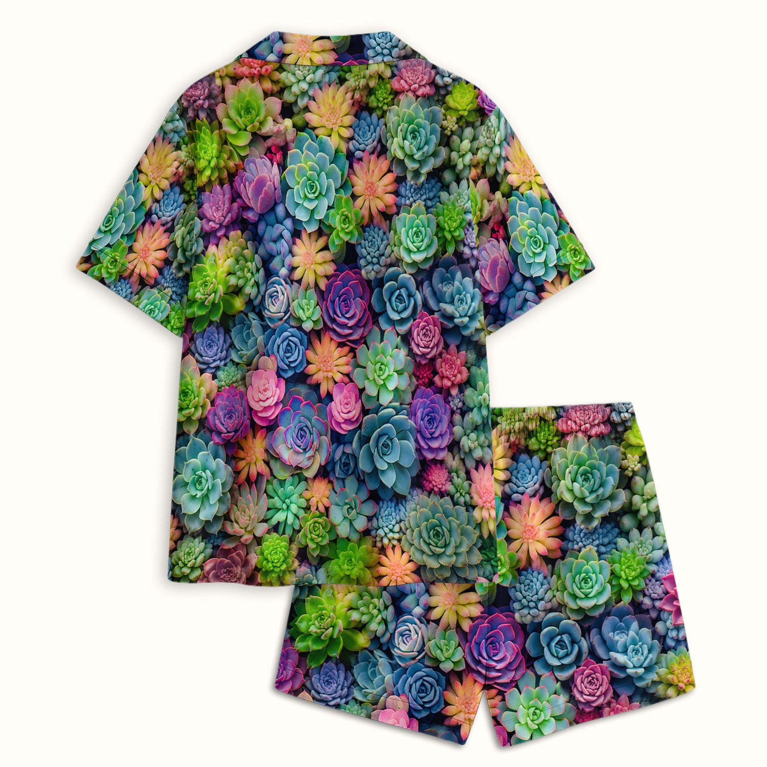Cute Nurse Scrub Top Boho Succulent Flower Pattern Pajama Set, Soft Breathable Fabric Comfortable Sleepwear