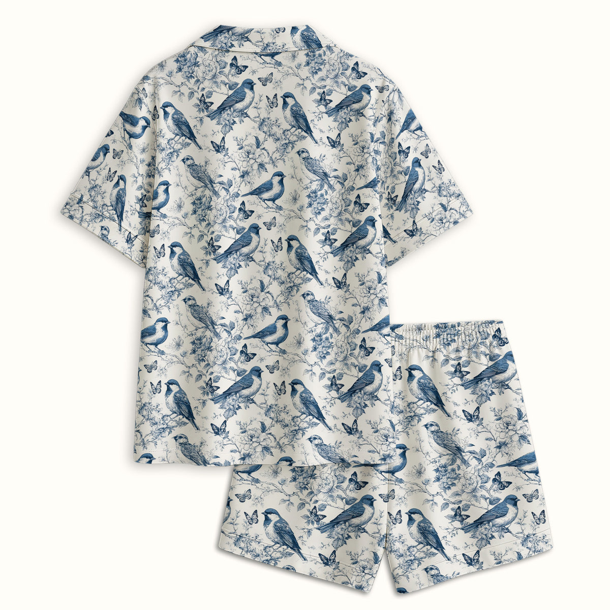 Blue Toile Songbird With Butterfly Print Pajama Set, Soft Breathable Fabric Comfortable Sleepwear