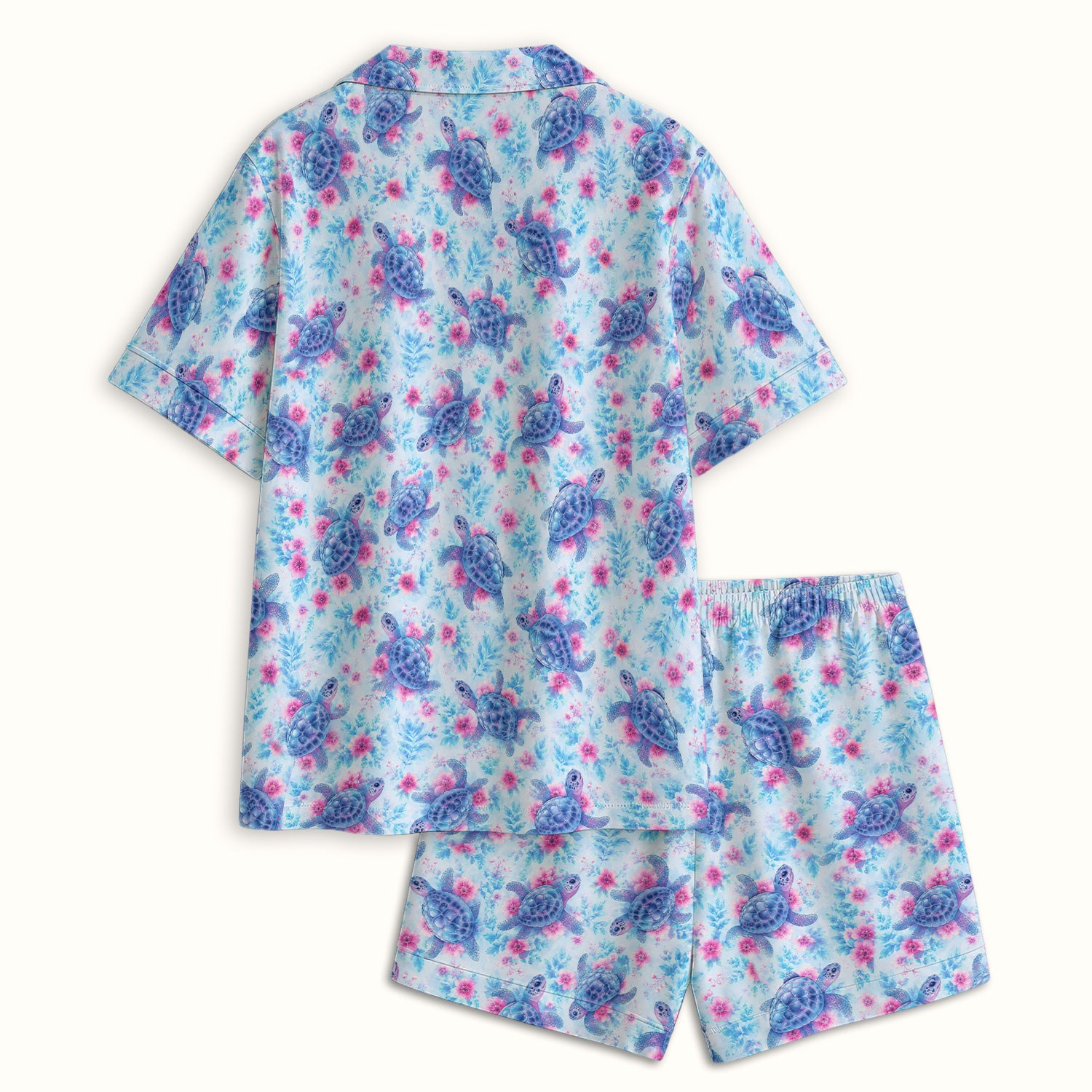 Cute Sea Turtle Floral Print Pajama Set, Soft Breathable Fabric Comfortable Sleepwear