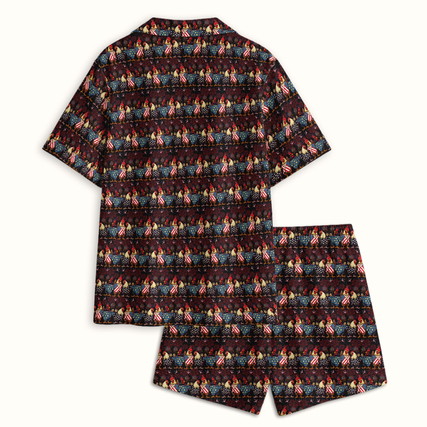 Patriotic Rooster Fireworks Pattern Pajama Set, Breathable Fabrics Uniform