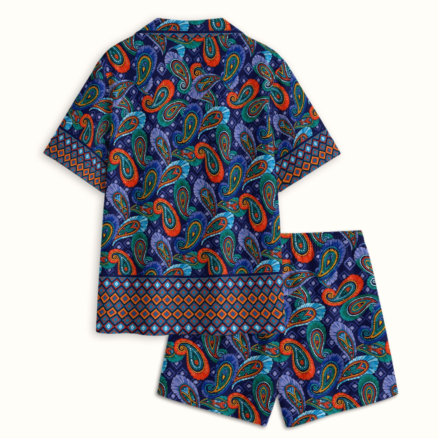 Colorful Paisley Geometric Border Pattern Pajama Set, Soft Breathable Fabric Comfortable Sleepwear