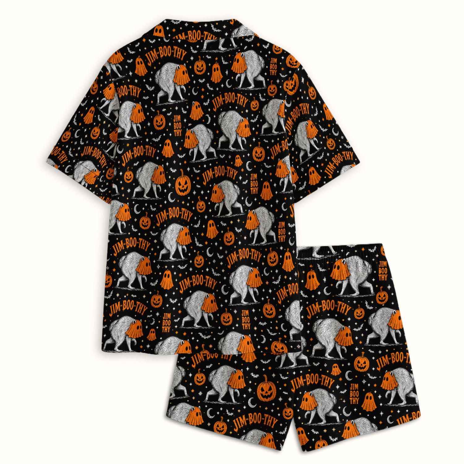 Funny Halloween Ghost Jimothy Pattern Pajama Set, Soft Breathable Fabric Comfortable Sleepwear