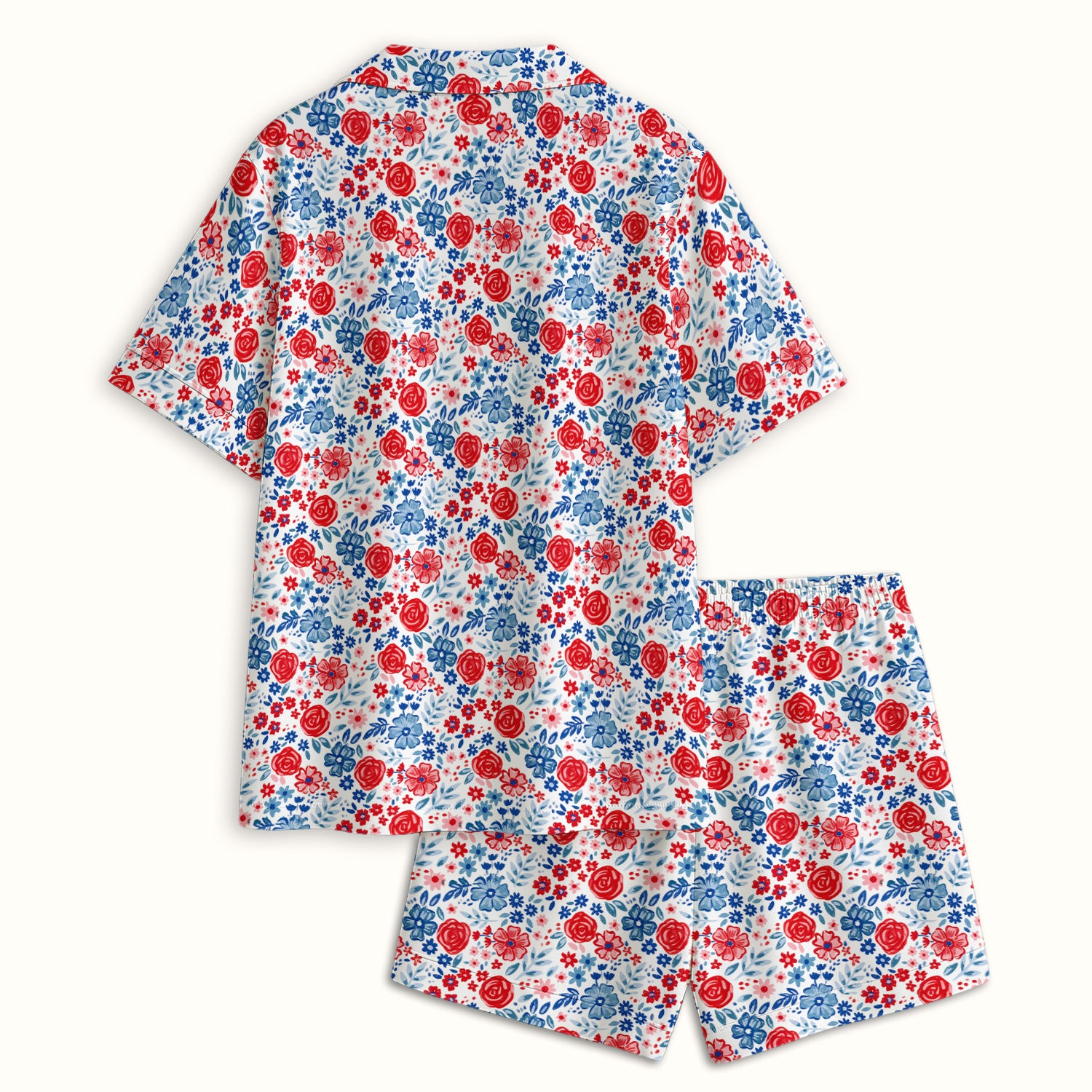 Red Blue Floral Garden Blossom Pattern Pajama Set, Soft Breathable Fabric Comfortable Sleepwear