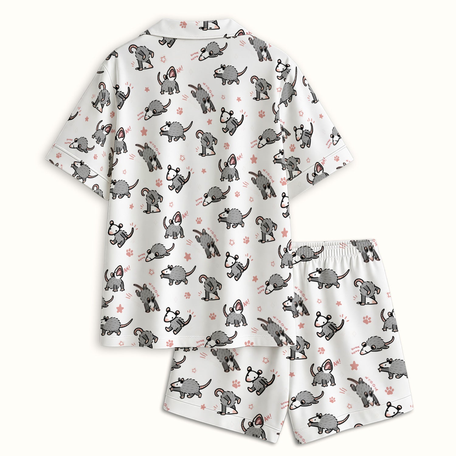 Playful Cartoon Opossum Character Pattern Pajama Set, Breathable Fabrics Uniform